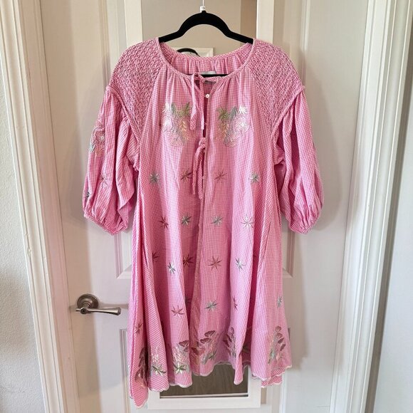 Innika Choo Gingham Print Embroidered Dress One Size Color Pink White - Picture 1 of 6